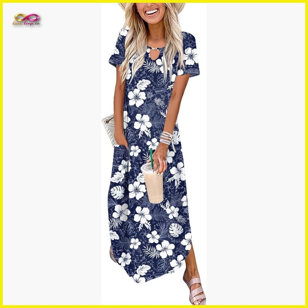 Maxi Summer Dress Casual Short Sleeve Sundress Trendy Curve Hem Long